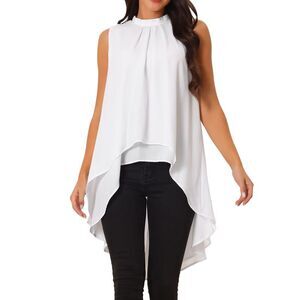 Casual Tie Back Asymmetrical Sleeveless Mock Neck Flowy Blouse Tops White